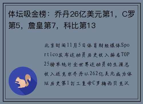 体坛吸金榜：乔丹26亿美元第1，C罗第5，詹皇第7，科比第13
