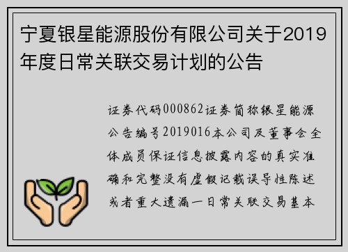 宁夏银星能源股份有限公司关于2019年度日常关联交易计划的公告