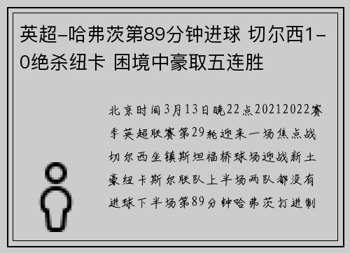 英超-哈弗茨第89分钟进球 切尔西1-0绝杀纽卡 困境中豪取五连胜